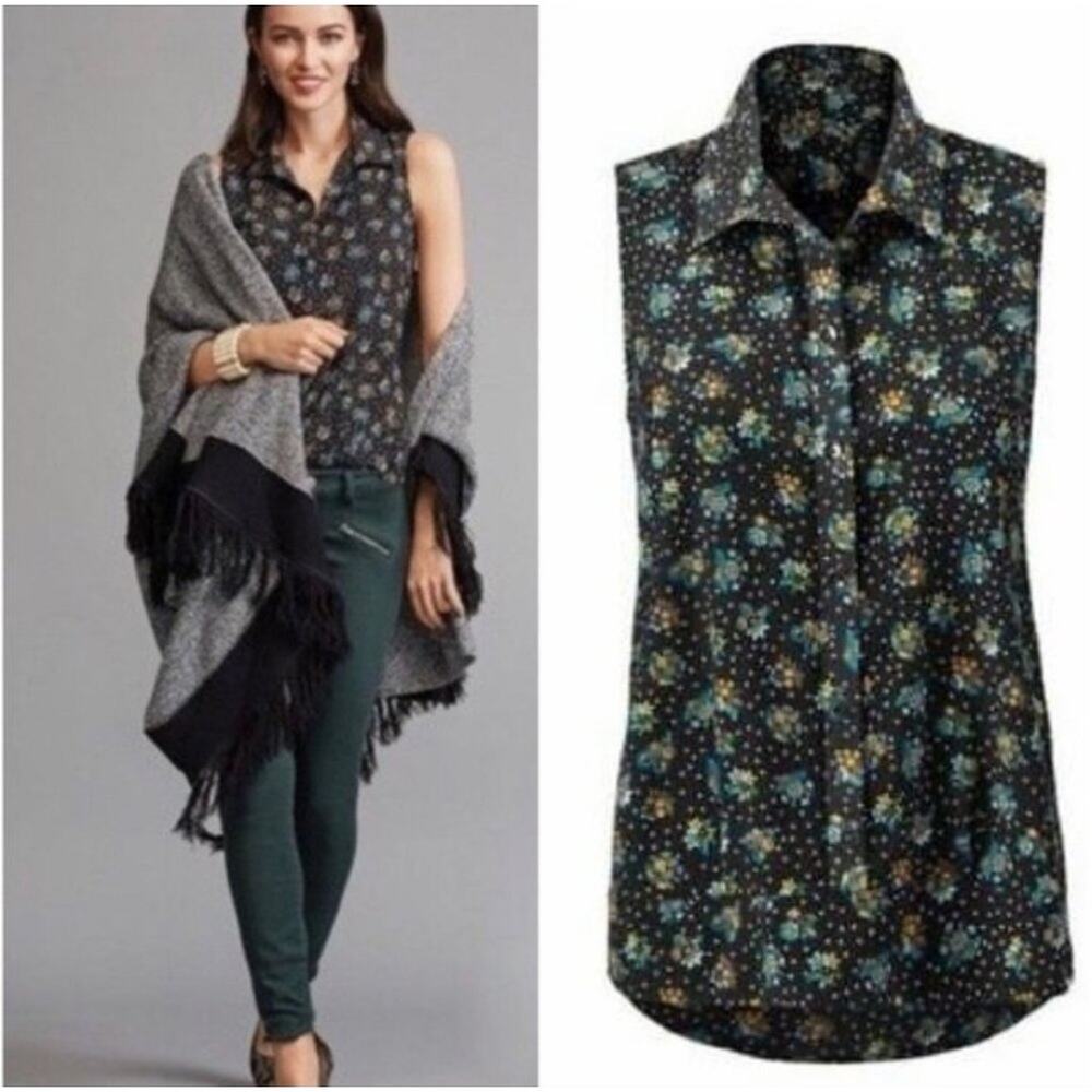 Cabi 3440 Whimsy Floral Sleeveless Tank Top Blouse Medium Black Boho Shirt